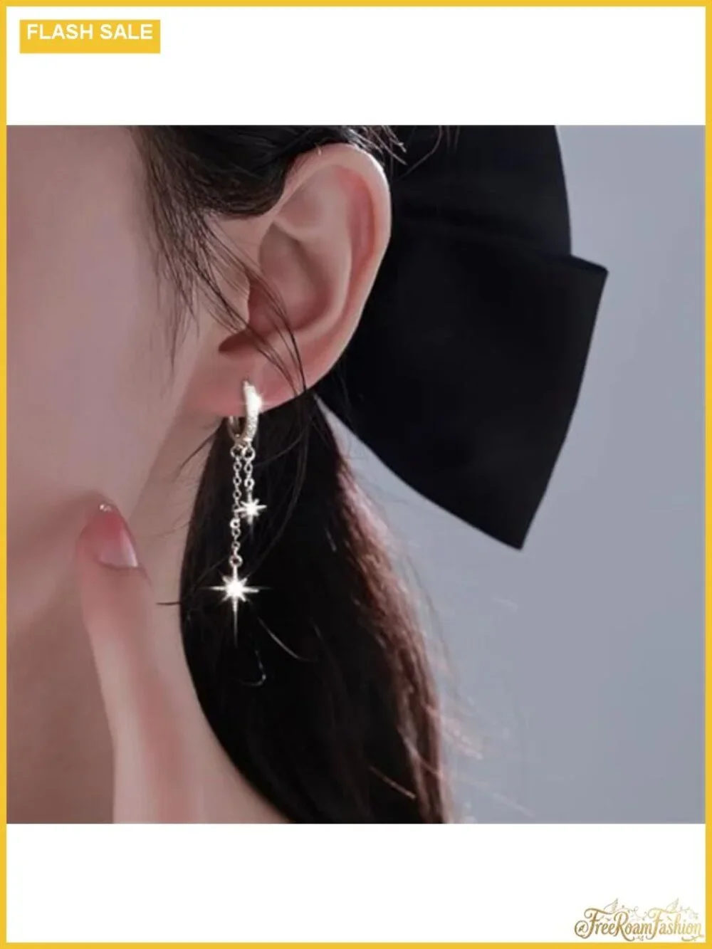 Silver Plated Double Star CZ Huggie Dangle Earrings Hypoallergenic